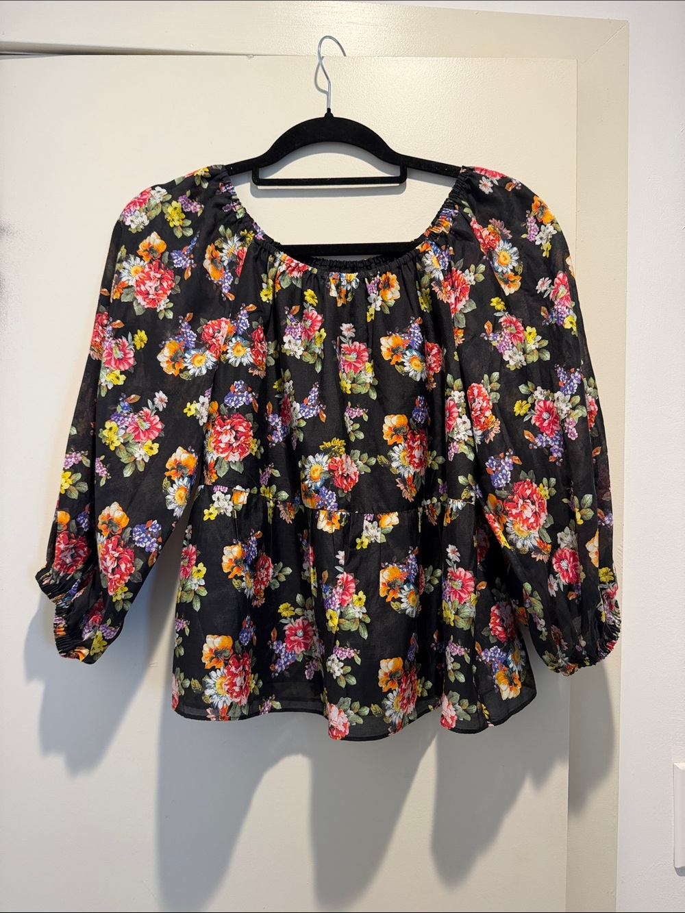 Alice + Olivia Black Floral Peasant Blouse with Pink, Orange and Yellow Blooms